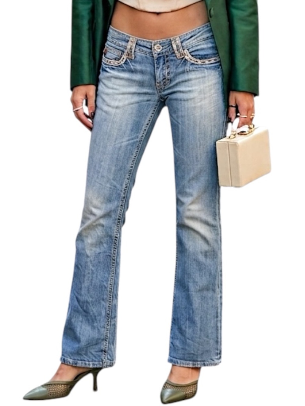 Y2K Miss Me light blue lace detail low rise flare leg jeans